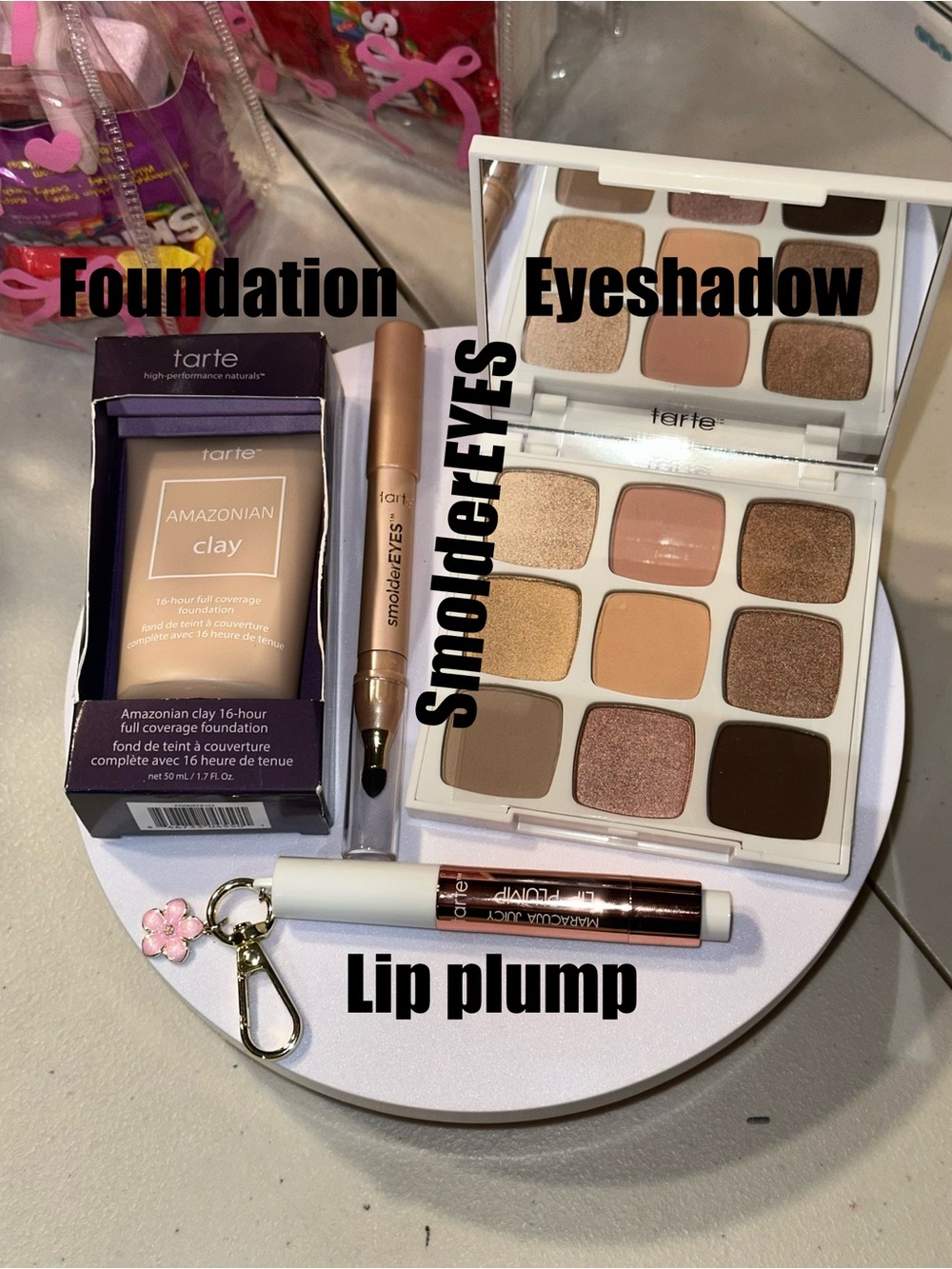 Tarte Amazonian Clay Foundation & Eyeshadow Palette, lip plumper & SmolderEYES